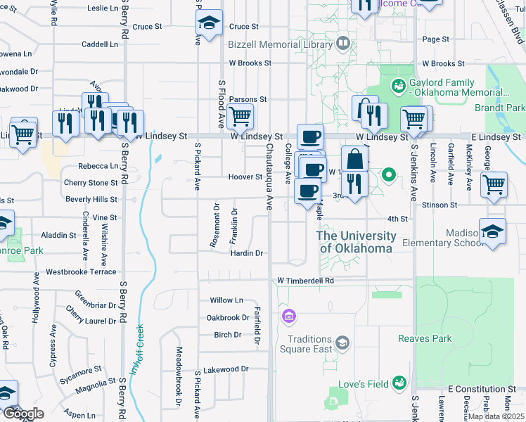 map of restaurants, bars, coffee shops, grocery stores, and more near 700 Elmwood Drive in Norman