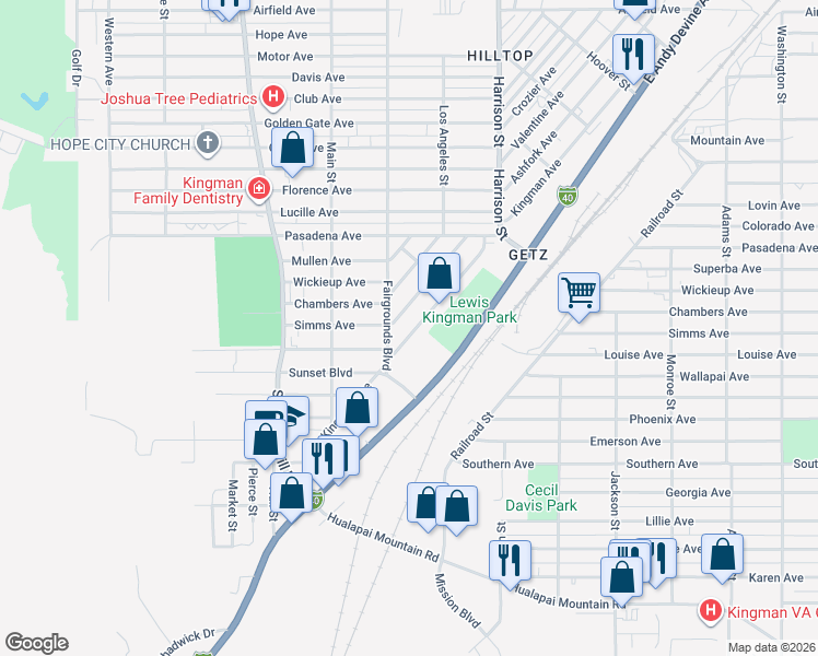 map of restaurants, bars, coffee shops, grocery stores, and more near 2120 Ashfork Avenue in Kingman