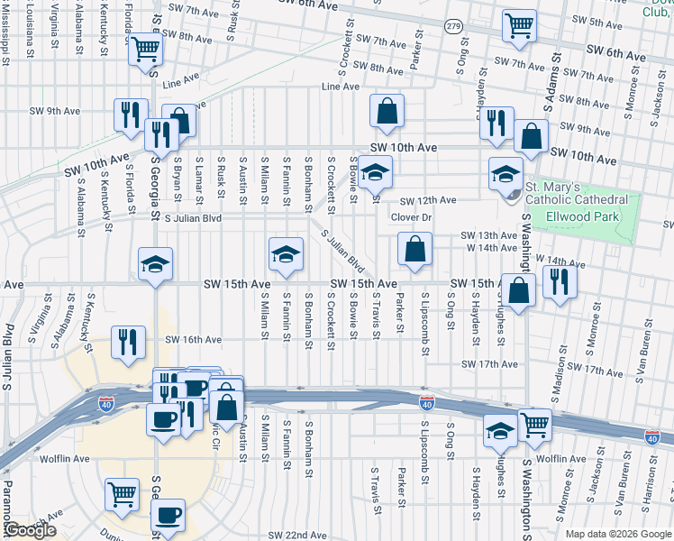 map of restaurants, bars, coffee shops, grocery stores, and more near 1229 South Crockett Street in Amarillo
