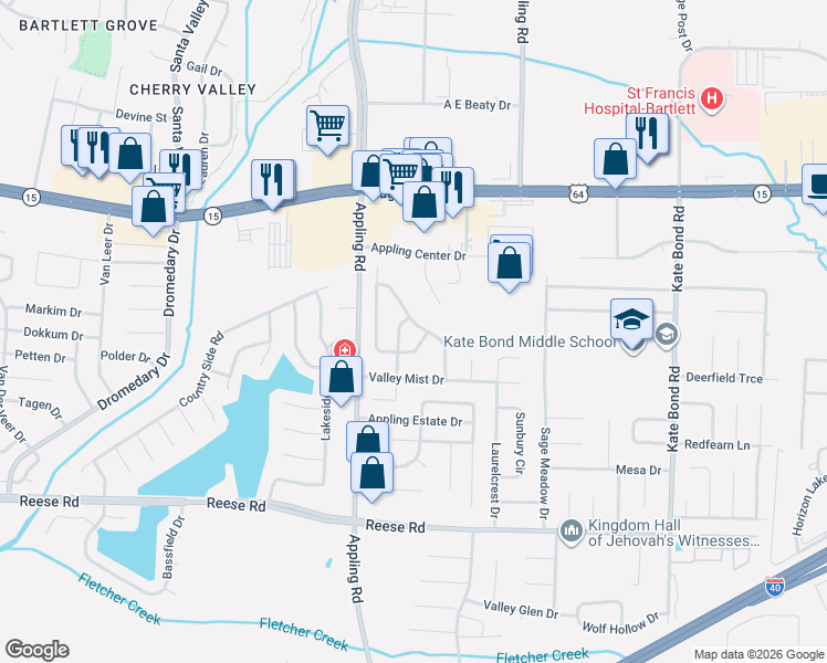 map of restaurants, bars, coffee shops, grocery stores, and more near 7510 Meadowland Drive in Memphis