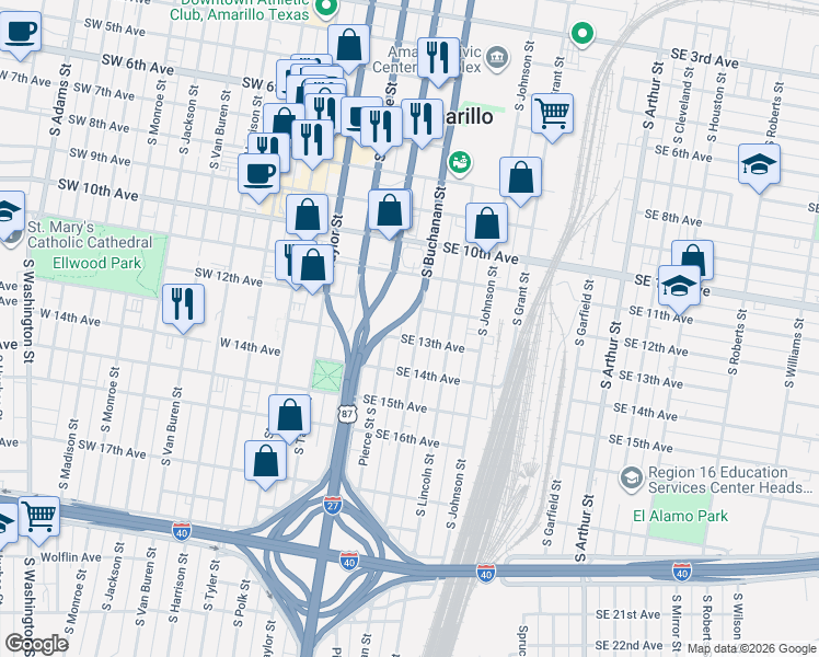 map of restaurants, bars, coffee shops, grocery stores, and more near 1202 S Buchanan St in Amarillo