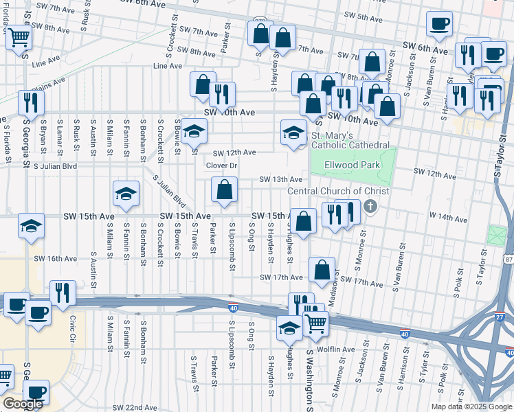map of restaurants, bars, coffee shops, grocery stores, and more near 1406 South Hayden Street in Amarillo