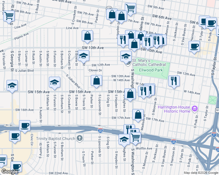 map of restaurants, bars, coffee shops, grocery stores, and more near 1406 South Hayden Street in Amarillo