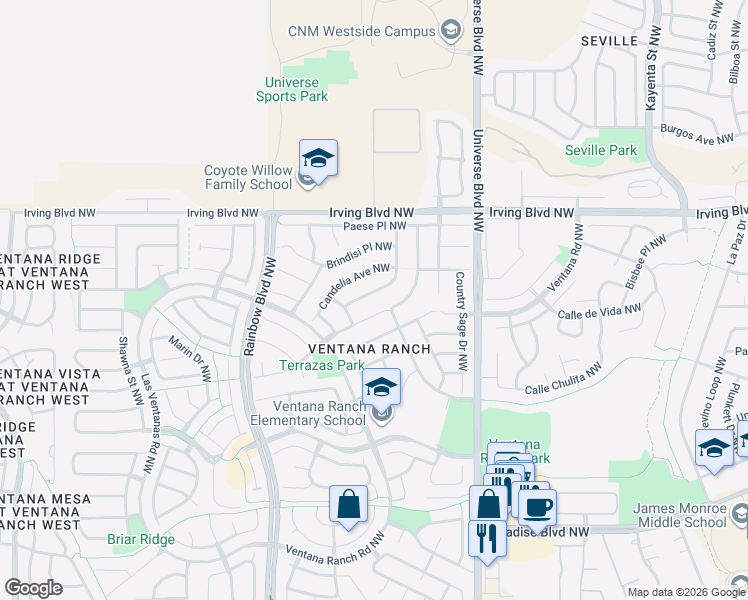 map of restaurants, bars, coffee shops, grocery stores, and more near 10323 Vendaval Avenue Northwest in Albuquerque