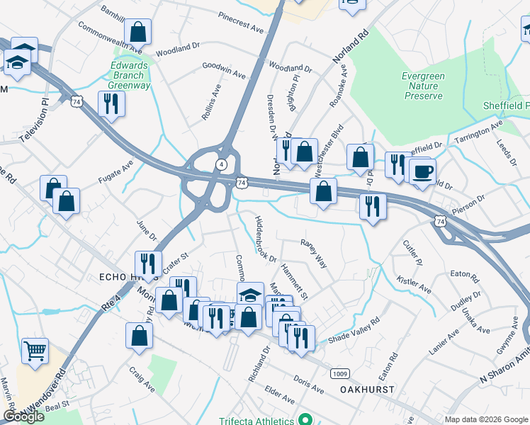 map of restaurants, bars, coffee shops, grocery stores, and more near 4035 Hiddenbrook Drive in Charlotte