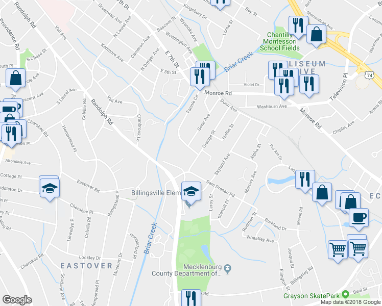 map of restaurants, bars, coffee shops, grocery stores, and more near 212 Fannie Circle in Charlotte