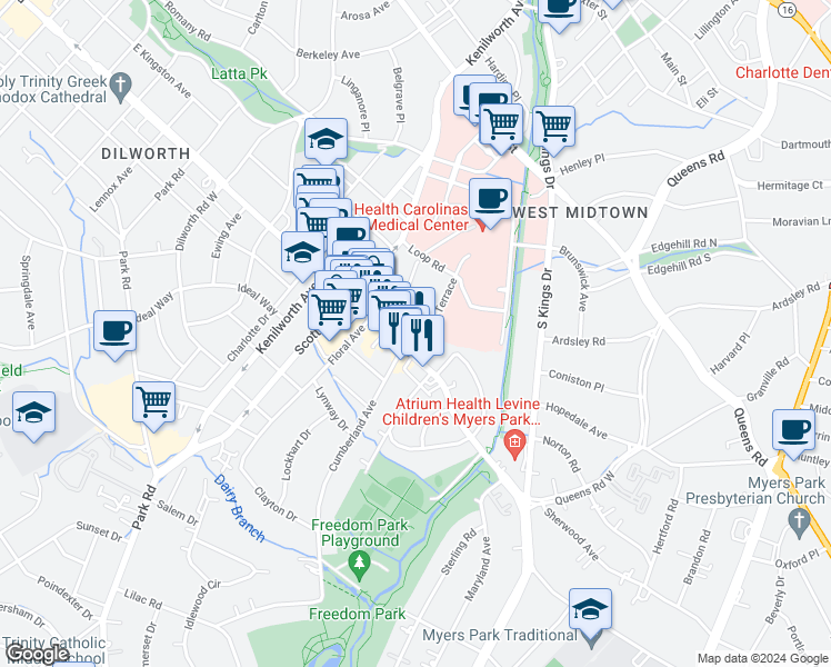 map of restaurants, bars, coffee shops, grocery stores, and more near 1716 Garden Terrace in Charlotte