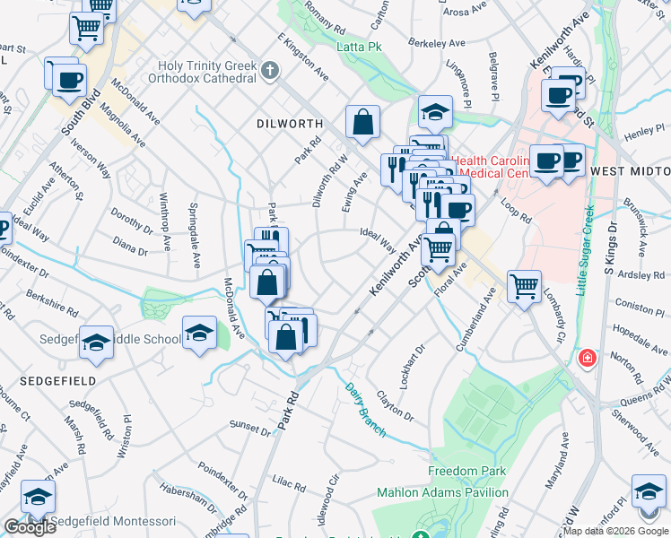 map of restaurants, bars, coffee shops, grocery stores, and more near 2132 Dilworth Road West in Charlotte