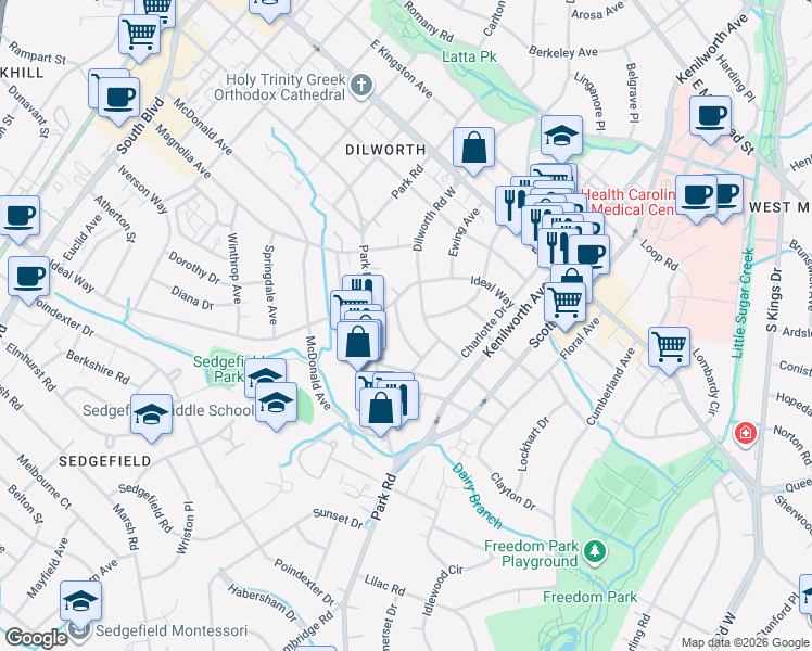 map of restaurants, bars, coffee shops, grocery stores, and more near 2106 Sarah Marks Avenue in Charlotte