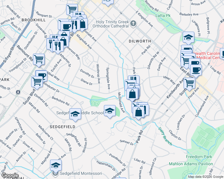 map of restaurants, bars, coffee shops, grocery stores, and more near 2323 Springdale Avenue in Charlotte