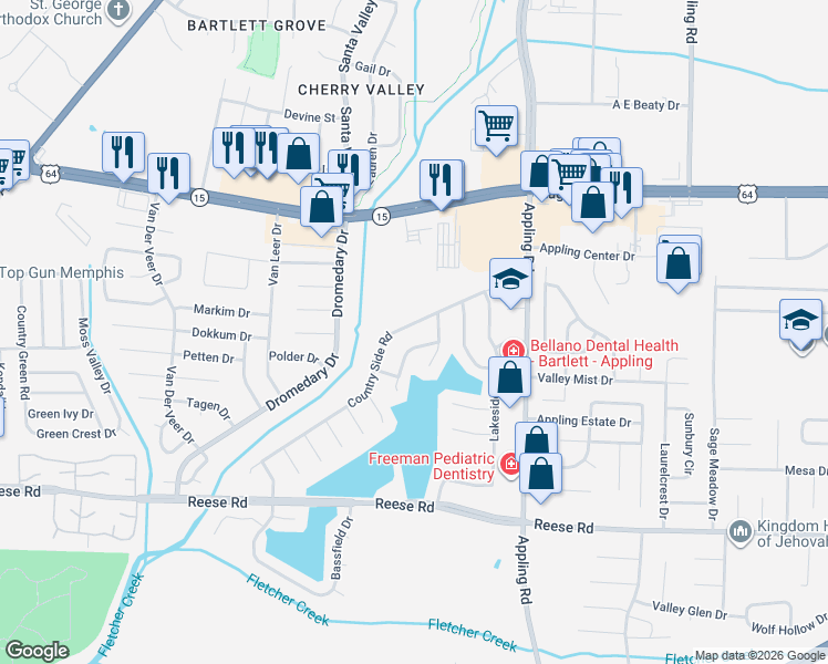 map of restaurants, bars, coffee shops, grocery stores, and more near 7335 Country Side Road in Memphis