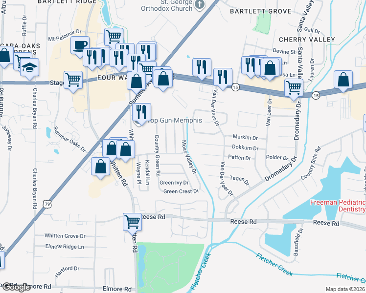 map of restaurants, bars, coffee shops, grocery stores, and more near 2748 Moss Valley Drive in Memphis