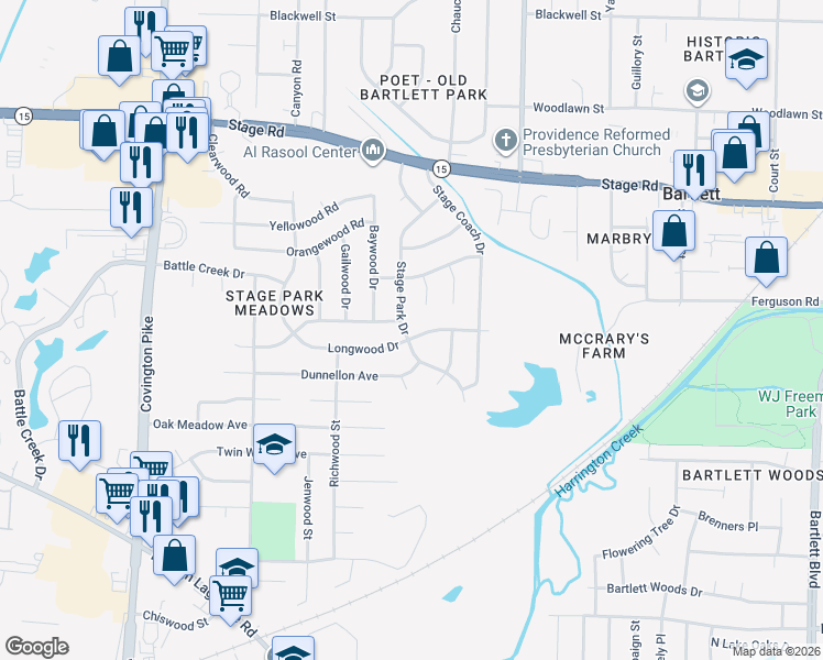 map of restaurants, bars, coffee shops, grocery stores, and more near 5372 Longwood Drive in Memphis