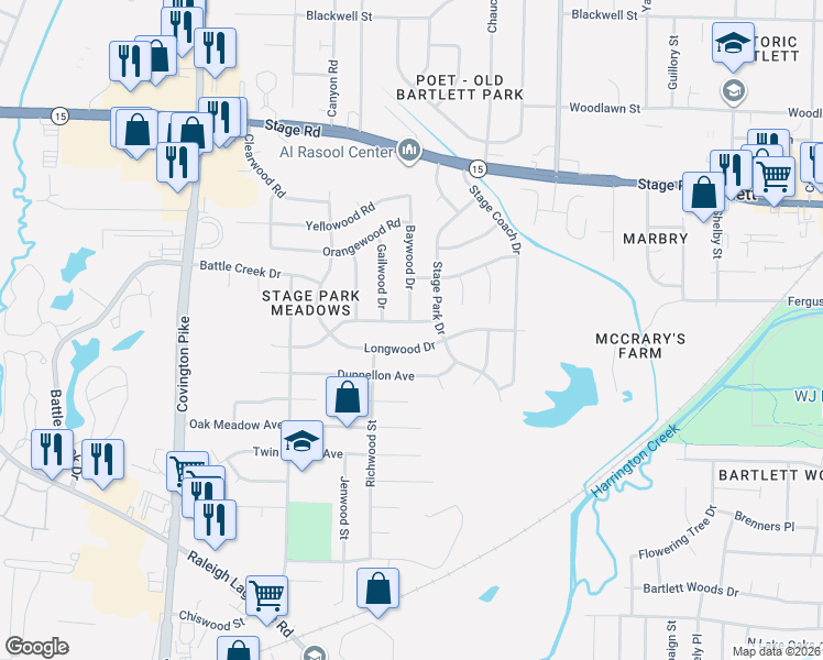 map of restaurants, bars, coffee shops, grocery stores, and more near 5320 Longmeadow Drive in Memphis