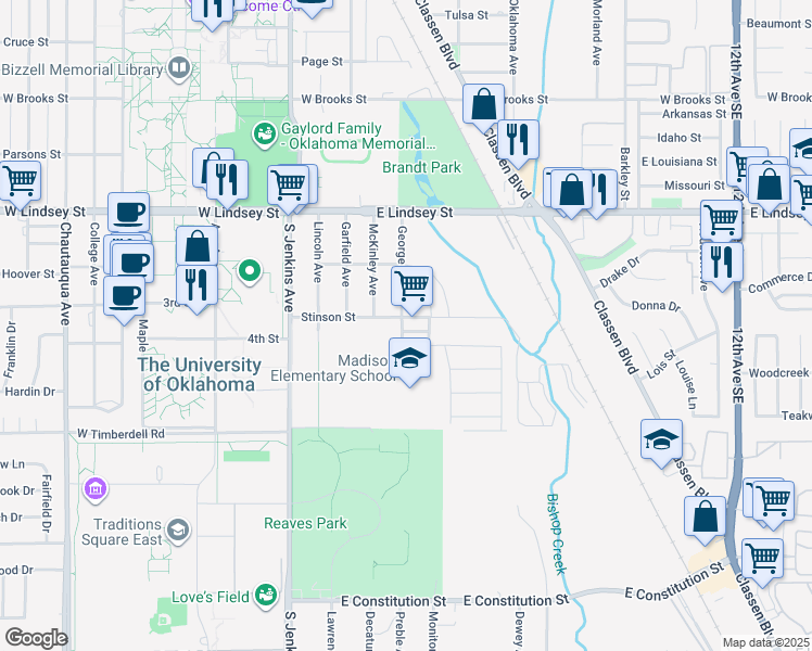map of restaurants, bars, coffee shops, grocery stores, and more near 1420 George Avenue in Norman