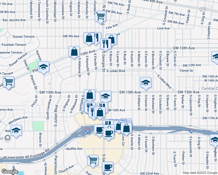 map of restaurants, bars, coffee shops, grocery stores, and more near 1228 South Bryan Street in Amarillo