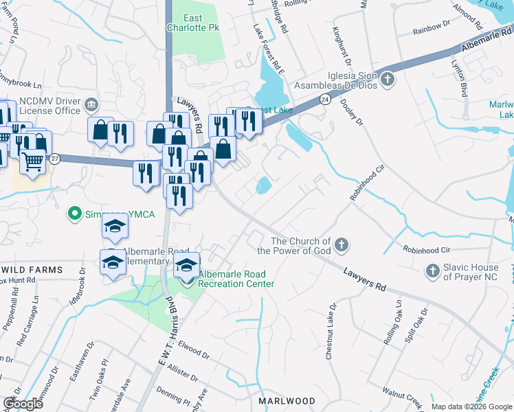 map of restaurants, bars, coffee shops, grocery stores, and more near 5421 Idlewild Road North in Charlotte