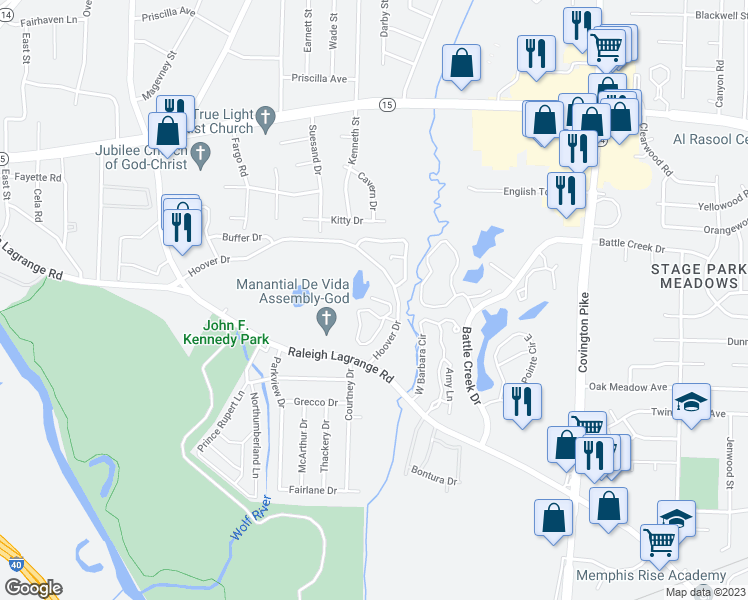 map of restaurants, bars, coffee shops, grocery stores, and more near 4765 Garden Grove Cove in Memphis