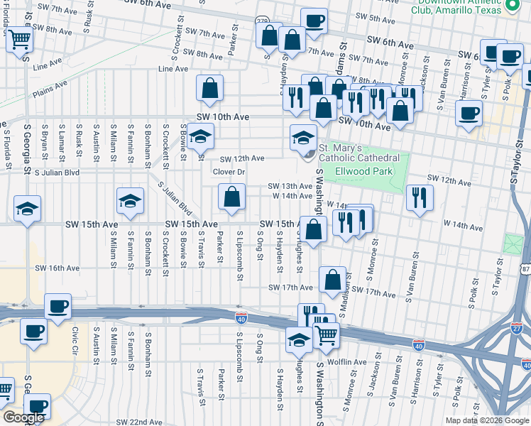 map of restaurants, bars, coffee shops, grocery stores, and more near 1406 South Hayden Street in Amarillo