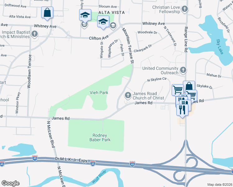 map of restaurants, bars, coffee shops, grocery stores, and more near 2733 Mountain Terrace Street in Memphis