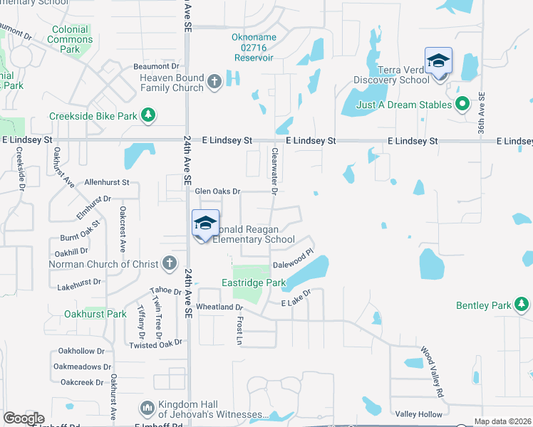 map of restaurants, bars, coffee shops, grocery stores, and more near 2721 Creekview Terrace in Norman