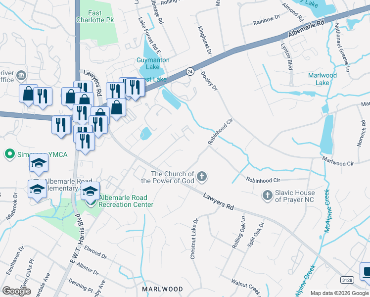 map of restaurants, bars, coffee shops, grocery stores, and more near 6625 Covington Commons Drive in Charlotte