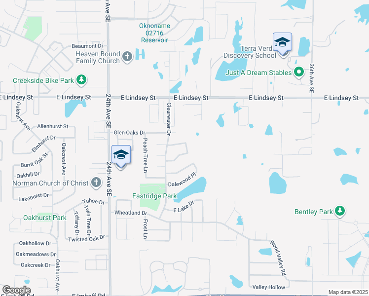 map of restaurants, bars, coffee shops, grocery stores, and more near 2824 Creekview Terrace in Norman