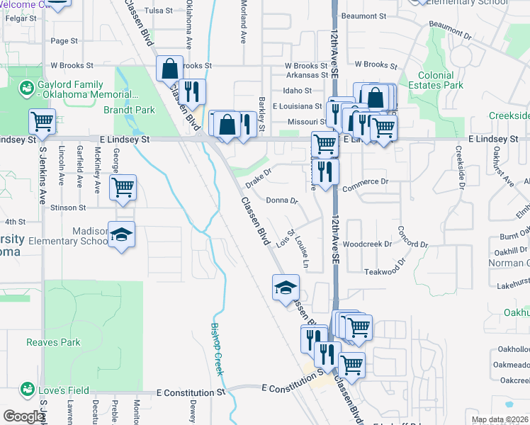 map of restaurants, bars, coffee shops, grocery stores, and more near 2201 Rogers Circle in Norman