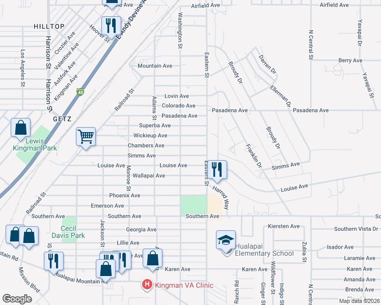 map of restaurants, bars, coffee shops, grocery stores, and more near 2804 Chambers Avenue in Kingman