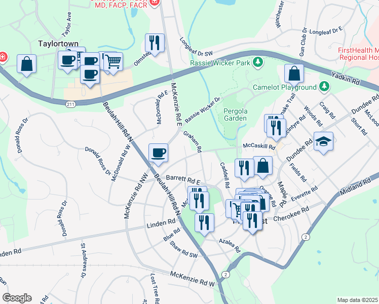 map of restaurants, bars, coffee shops, grocery stores, and more near 85 McCaskill Rd E in Pinehurst