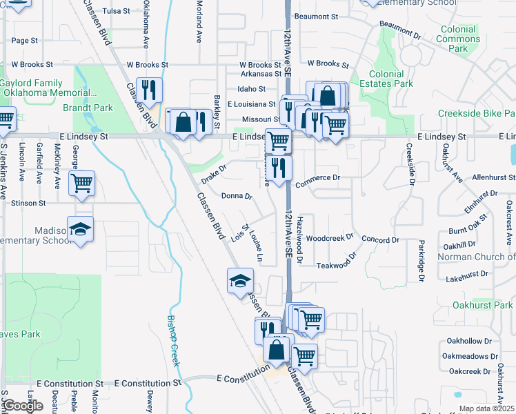 map of restaurants, bars, coffee shops, grocery stores, and more near 2277 Donna Drive in Norman