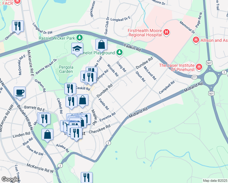 map of restaurants, bars, coffee shops, grocery stores, and more near Winsford Circle in Seven Lakes