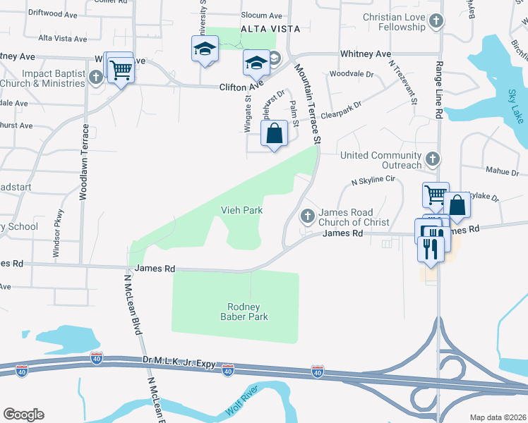 map of restaurants, bars, coffee shops, grocery stores, and more near 2733 Mountain Terrace Street in Memphis