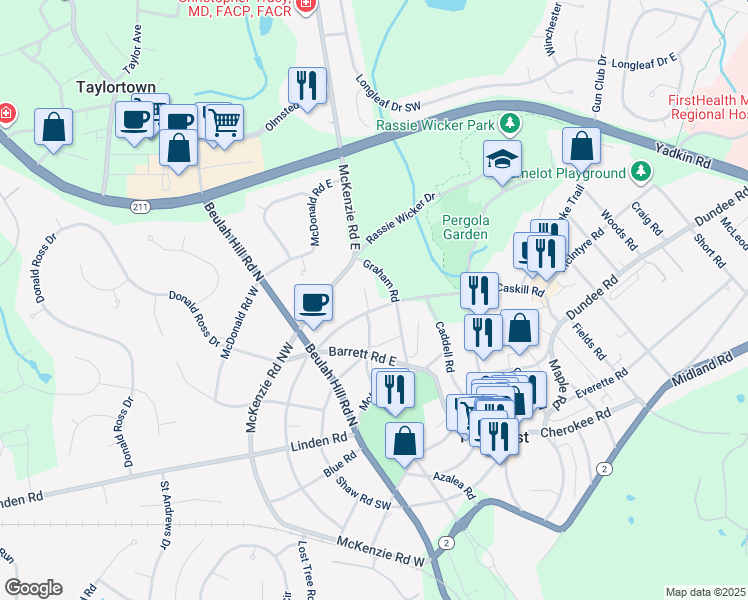 map of restaurants, bars, coffee shops, grocery stores, and more near 85 McCaskill Rd E in Pinehurst