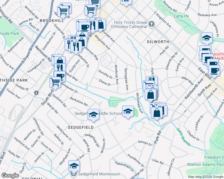 map of restaurants, bars, coffee shops, grocery stores, and more near 2316 Winthrop Avenue in Charlotte