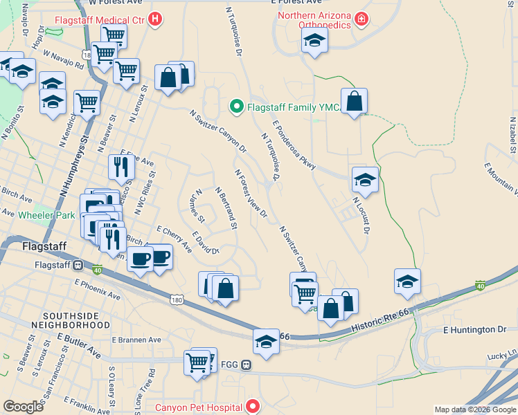 map of restaurants, bars, coffee shops, grocery stores, and more near 587 North Switzer Canyon Drive in Flagstaff