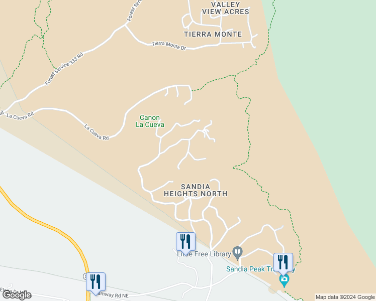map of restaurants, bars, coffee shops, grocery stores, and more near 231 Spring Creek Place Northeast in Albuquerque