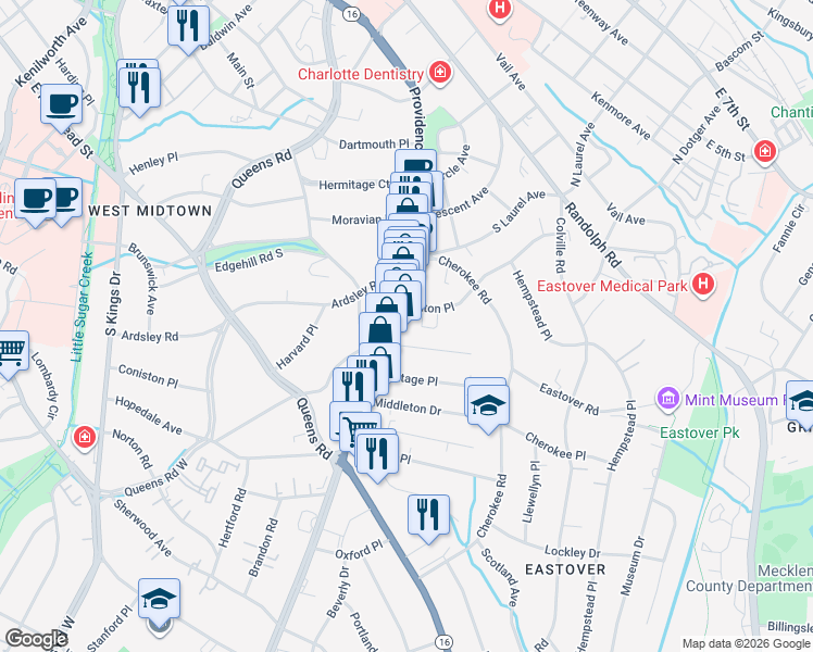 map of restaurants, bars, coffee shops, grocery stores, and more near 715 Providence Road in Charlotte