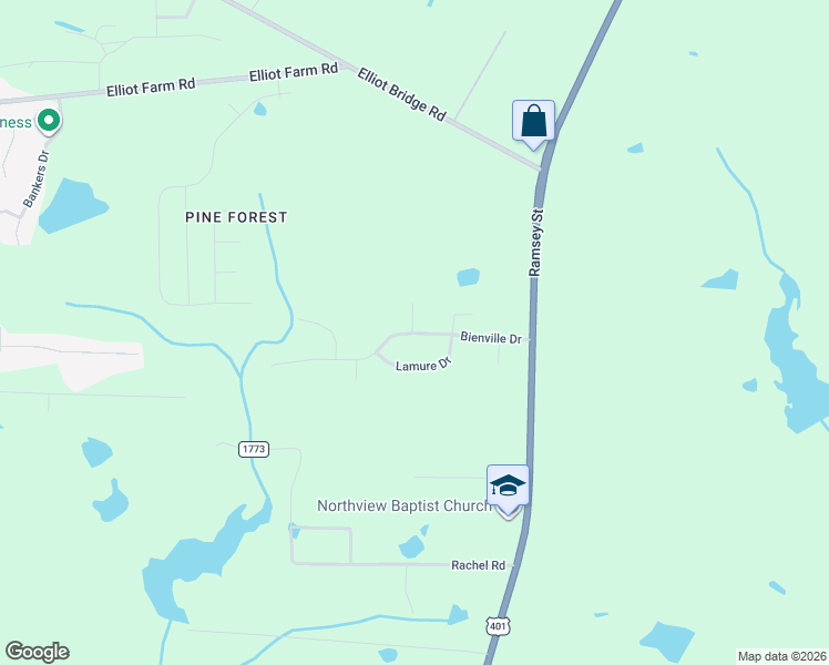 map of restaurants, bars, coffee shops, grocery stores, and more near 144 Bienville Drive in Fayetteville