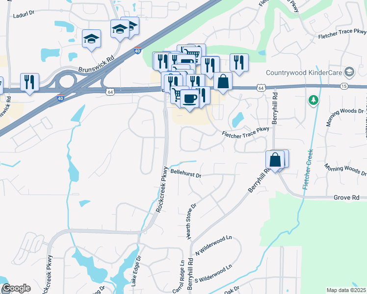 map of restaurants, bars, coffee shops, grocery stores, and more near 2748 Fletcher Park Circle West in Memphis