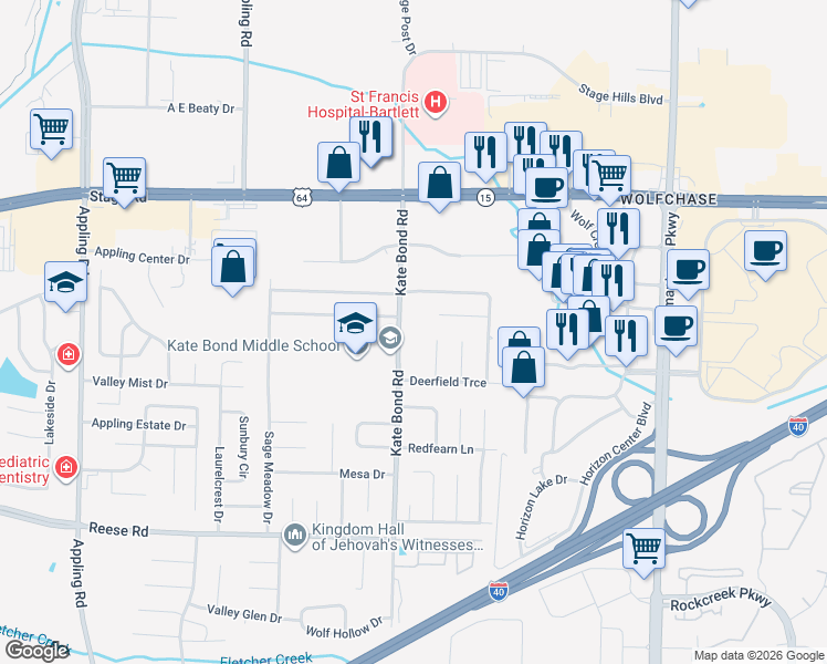 map of restaurants, bars, coffee shops, grocery stores, and more near 2744 Kate Bond Road in Memphis
