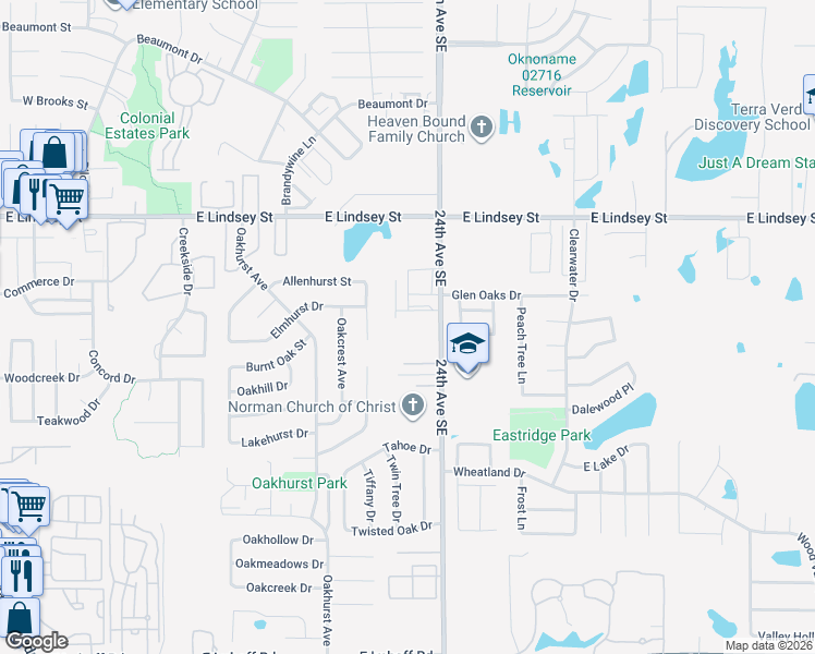 map of restaurants, bars, coffee shops, grocery stores, and more near 1407 Glen Oaks Court in Norman