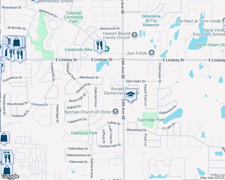 map of restaurants, bars, coffee shops, grocery stores, and more near 1410 Glen Oaks Court in Norman