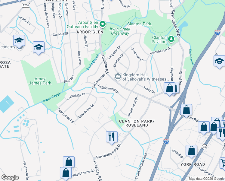 map of restaurants, bars, coffee shops, grocery stores, and more near 1109 Rollingwood Drive in Charlotte