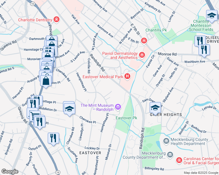 map of restaurants, bars, coffee shops, grocery stores, and more near 421 Hempstead Place in Charlotte