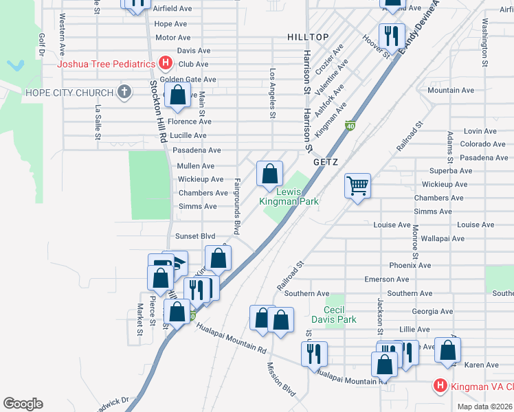 map of restaurants, bars, coffee shops, grocery stores, and more near 2152 Kingman Avenue in Kingman