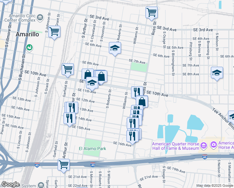 map of restaurants, bars, coffee shops, grocery stores, and more near 1507 SE 11th Ave in Amarillo