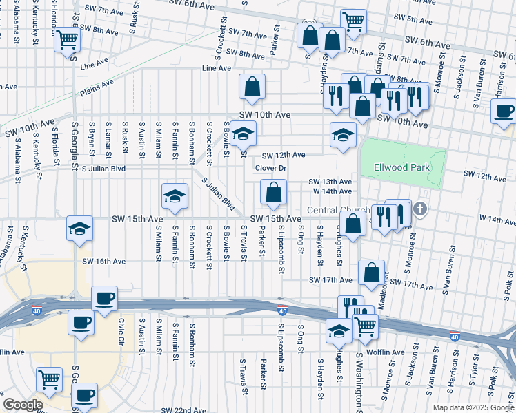 map of restaurants, bars, coffee shops, grocery stores, and more near 1312 Parker Street in Amarillo