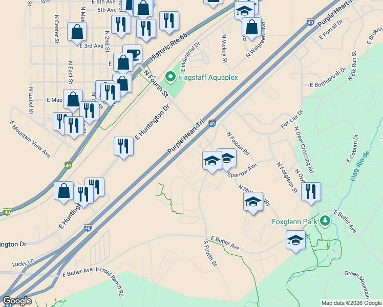 map of restaurants, bars, coffee shops, grocery stores, and more near 1411 North Fourth Street in Flagstaff