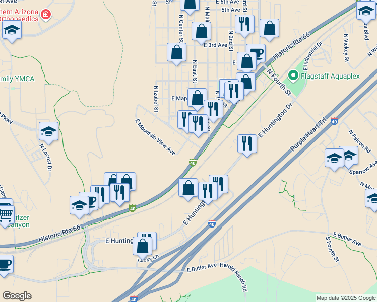 map of restaurants, bars, coffee shops, grocery stores, and more near 1965 East Mountain View Avenue in Flagstaff